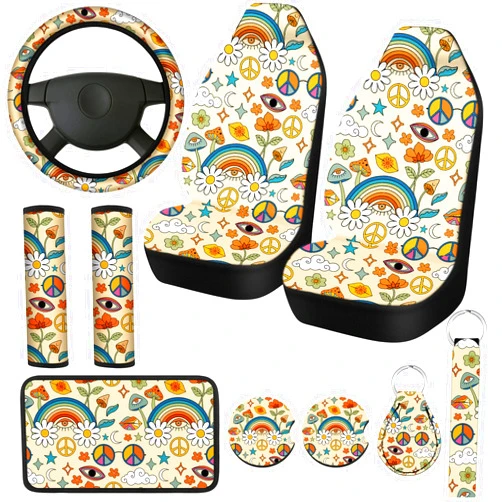 Fiada 10 Pcs Moon Star Car Seat Covers Full Set Car Accessories for Women Front Seat Cover Steering Wheel Armrest Cover Belt Cover Cup Holder for Auto SUV Interior Decoration(Daisy)