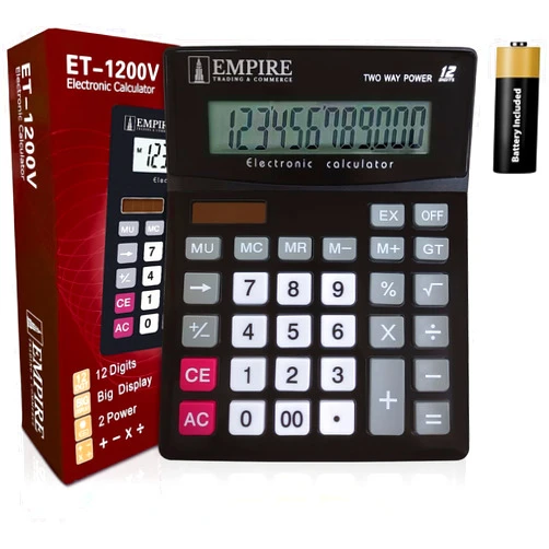 EMPIRE TRADING & COMMERCE Empire Desk Calculator with Large Key Buttons, 12 Digits, Large Eye-Angled Display, Solar and Battery Powered for Home and Office (Battery Included)