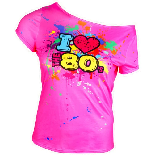 Geyoga 80s Outfit for Women Plus Size I Love The 80's Costumes 80s Off Shoulder T-Shirt Tops Neon Clothes Oversized