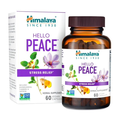 Himalaya Hello Peace, Daily Stress Relief Herbal Supplement, Ashwagandha, Turmeric, Saffron, Eases Nervousness, Relaxation and Calm, Balances Cortisol, Non-GMO, Vegan, 60 Capsules, 30 Day Supply