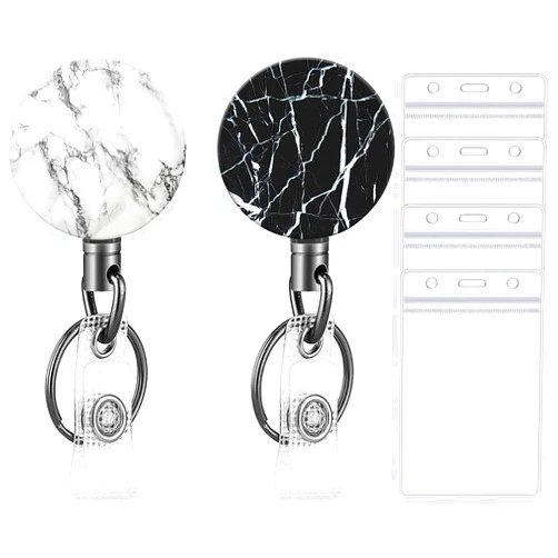 BILLTEFUL 2 Pack Heavy Duty Retractable Badge Reel with Plastic Sleeve Card Holder Metal ID Badge Holder Reel with Belt Clip Key Ring (MH-2pack White Black Marble)