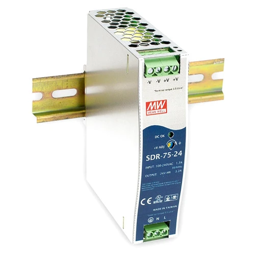 MeanWell MEAN WELL SDR-75-12 Single Output Industrial DIN Rail Power Supply, 12 Volt, 6.3 Amp, 75.6 Watt