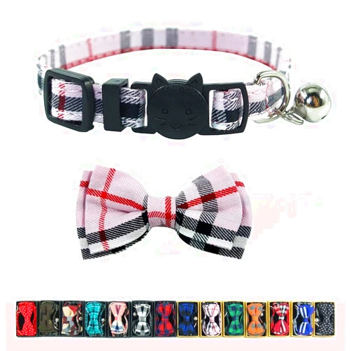 Pipidog Cat Collar Breakaway with Bell and Bow Tie, Plaid Design Adjustable Safety Kitty Kitten Collars(6.8-10.8in) (Pink Plaid 1)