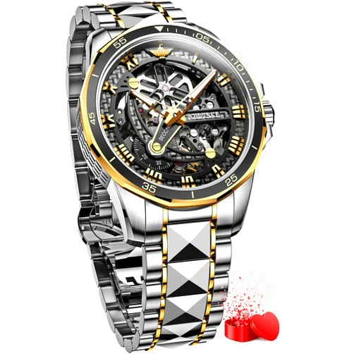 OLEVS Mens Automatic Watches for Men Skeleton Mechanical Luxury Black Silver Wrist Watches Waterproof Luminous Sapphire Crystal