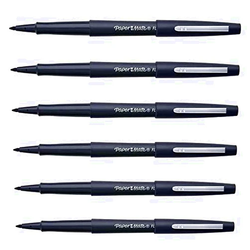 Paper Mate Pack of 6 Felt-Tip Pens Flair Original Black, Medium Point, Metal Clip, Body and Cap in Ink Color (S0190972/S0190973)