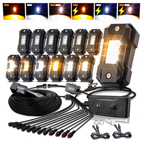 LEDMIRCY Switchback LEDMIRCY Rock Lights Kit White & Amber Strobe Rock Lights 12 Pods 6 Mode Memory Function Reset Function with Wiring Harness for Trucks ATV UTV SUV RZR Under Body High Power Waterproof