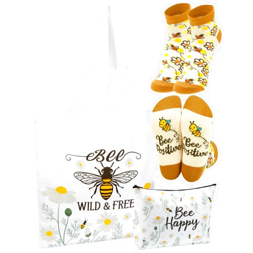 Bulyoou 3 Pcs Bee Themed Gifts for Women Funny Honeybee Canvas Tote Bag with Zipper Makeup Bag and Socks Bee day Holiday Birthday Gifts for Teachers Employee Beekeepers Lovers