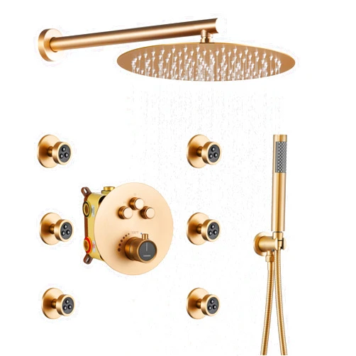 CASAINC Thermostatic Shower System 3-Function Shower Faucet Set, Wall-Mounted 12 Inch Round Shower Head with Handheld Spray Combo & 6 Body Spray Jets (Brushed Gold)