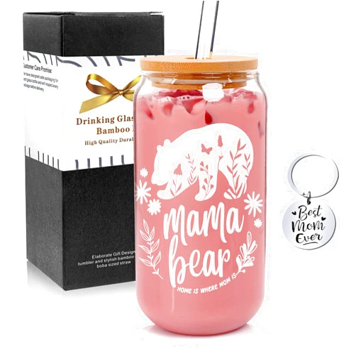 ANOTION Mama Bear Mug - Mothers Day Gifts Borosilicate Glass Cup with Lid and Straw Nana Mothers Day Gifts Mom Birthday Gifts from Daughters Presents for Mom Thank You Gifts