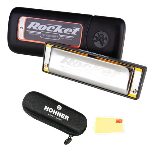 Hohner Progressive Rocket Harmonica - Key of C Bundle with Case, Pouch, and Austin Bazaar Polishing Cloth