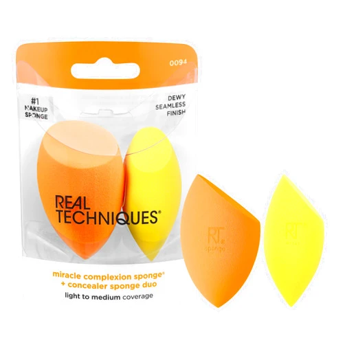 Real Techniques Miracle Complexion Sponge + Concealer Sponge Duo, Makeup Blending Sponges For Foundation & Concealer, Offers Light To Medium Coverage, Natural, Dewy Makeup, Latex-Free Foam 2 Count
