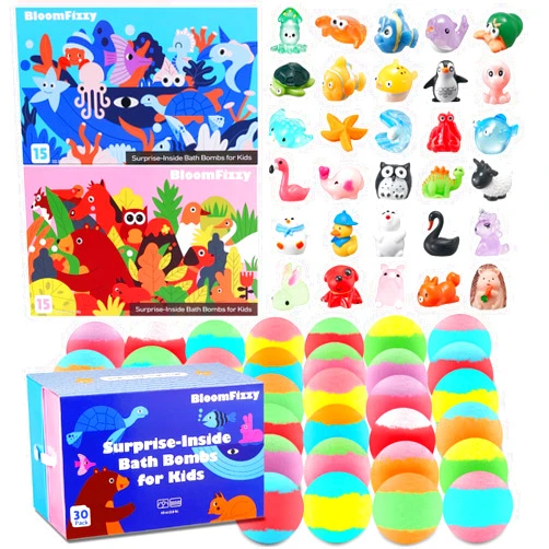 BloomFizzy 30 Surprised Bath Bombs for Kids, Bath Bombs Gift Set with Land & Sea Animal Toys Inside, Child-Safe, Fun & Educational, Ideal Gift for Kids