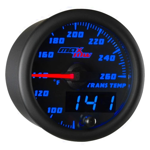 MaxTow Double Vision 260 F Transmission Temperature Gauge Kit - includes Electronic Sensor - Black Gauge Face - Blue LED Illuminated Dial - Analog & Digital Readouts - for Trucks - 2-1/16