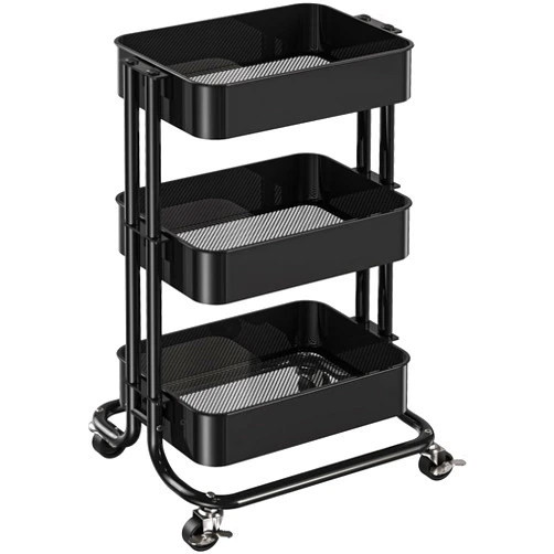 Pipishell 3 Tier Metal Rolling Utility Cart, Heavy-Duty Storage Rolling Cart with 2 Lockable Wheels, Multifunctional Mesh Organization Utility Cart for Kitchen Dining Room Living Room (Black)