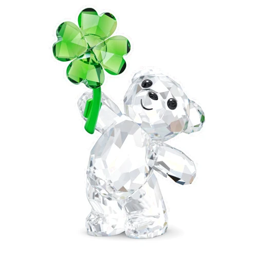 SWAROVSKI Kris Bears Lucky Charm Figurine, Clear Crystal with a Green Four-Leafed Clover Accent, Part of The Kris Bears Collection