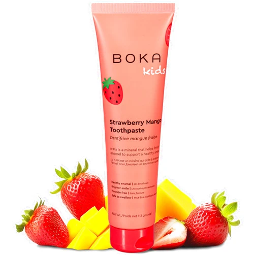 Boka Fluoride Free Toothpaste- Nano Hydroxyapatite, Remineralizing, Sensitive Teeth, Whitening- Dentist Recommended for Adult, Kids Oral Care- Strawberry Mango Flavor, 4oz 1Pk - US Manufactured