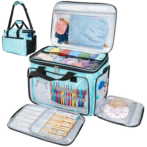 PAVILIA Knitting Bag Yarn Storage Tote, Large Crochet Organizer Bag, Yarn Storage Holder for Crocheting Knitter, Knitting Project Bag, Crochet Accessories Set, Gifts for Crochet Lovers, Chevron Teal