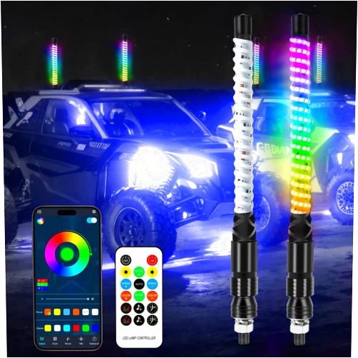 DREAMIZER 2PCS 1ft COB LED Whip Lights with Spring Base, Whip Light with App & Remote Control, Spiral RGB Chasing Lighted Whips with Rocker Switch, Music Whip Light for UTV ATV SXS RZR and More