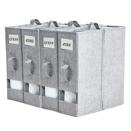 HOdo Home Sheet Organizer Containers with handles, Foldable Grey Fabric Storage Box(4-Pack, Queen/King Size), Linen Zipper Closet Storage Bins for Bed Sheets Set, Blankets, Pillowcases