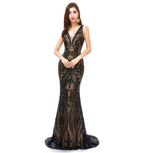 Ikerenwedding Women's V-Neck Sequins Sleeveless Lace-up Mermaid Evening Dress