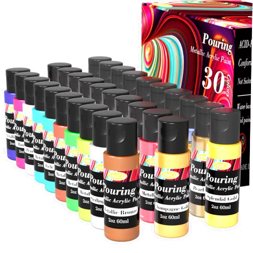 HissiCo Metallic Acrylic Pouring Paint, Set of 30 Metallic Colors Fluid acrylic paint, Pre-Mixed High Flow & Ready to Pour(30x 2 oz./ 60 ml), Pouring Painting Supplies for Easter Decorations, Canvas & Paper, Rocks, Wood, and More