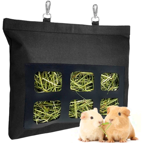 RAYFARMO Rabbit Hay Feeder Bag, Upgraded Bunny Hay Bag, 6 Holes 600D Oxford Fabric Hay Holder Bag for Small Animal Guinea Pig Chinchilla Rabbit Cage by Rayfarmo,(Black)