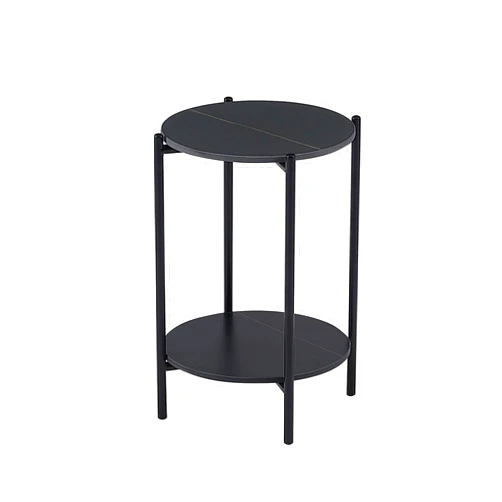 JIVERCI 2-Layer End Table with Whole Marble Tabletop, Round Coffee Table with Black Metal Frame for Bedroom Living Room Office (Black)