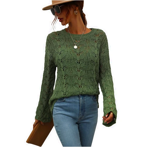 Anna-Kaci Women Crochet Bell Sleeve Crewneck Pullover Sweater Knit Hollow Out Tops