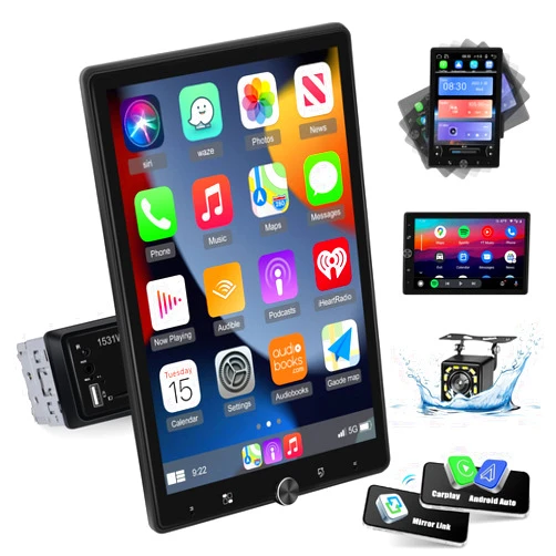 EKAT Single Din Vertical Car Stereo Rotatable 10.4 inch Touch Screen Radio with Wireless Carplay/Android Auto/EQ Audio/Bluetooth/SWC/GPS Navigation/FM Radio +Backup Camera