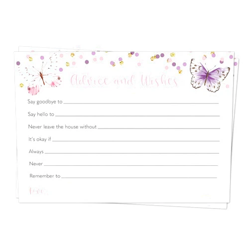 The Invite Lady Advice and Wishes for Parents Baby Shower Game Games Activity Butterfly Watercolor Butterflies Polka Dot Pink Purple Printed Cards (24 Count)