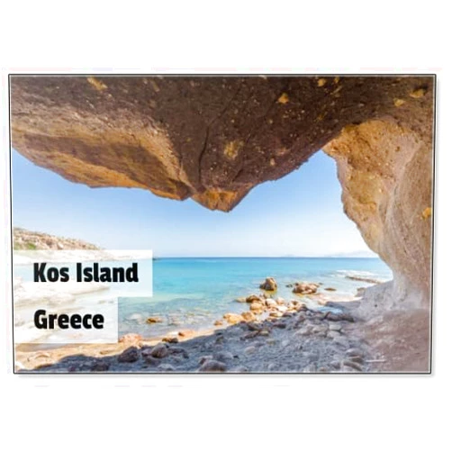 Photomagnet Kos Island, Camel Beach, Dodecanese, Greece: Beautiful Sunny Coast View to Greek Mediterranean Blue Sea with Crystal Clear Water at Ancient Traditional Place or Old Temple Church Area, Fridge Magnet