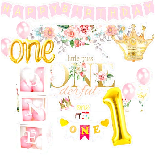 PYCALOW First Birthday Decorations Girl - 1st Birthday Baby Girl Decorations Include Balloons Box, Backdrop, Crown, Banner, High Chair Banner, Topper, Baby First One Year Old Girl Party Supplies