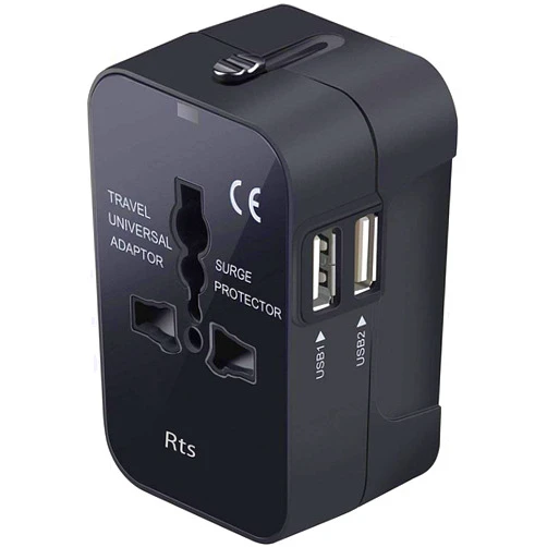 RTS Universal Travel Plug Adapter Worldwide International All in One Portable Travel Adapter Wall AC Power Plug Adapter Wall Charger with Dual USB Charging Ports for USA EU UK AUS Cell Phone Mobile Laptop
