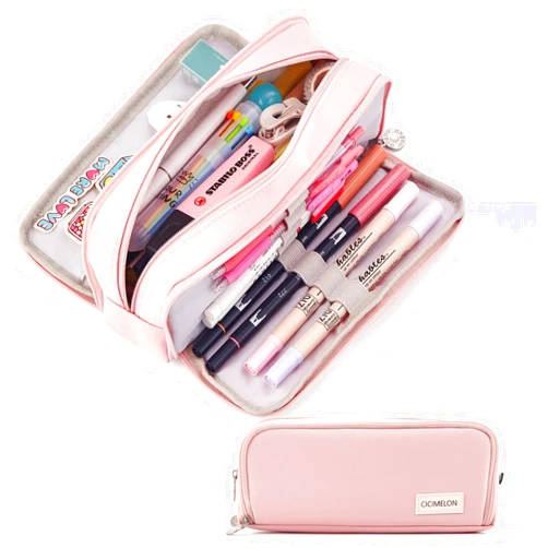 CICIMELON Large Capacity Pencil Case 3 Compartment Pouch Pen Bag for School Teen Girl Boy Men Women (Pink)