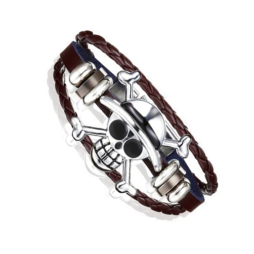 Lvla Gan Anime One Piece Leather Bracelets, Pirate Bracelet Punk Skull Bracelets for Boys Black Braided Bracelets for Men Handmade Jewelry Wristband Strand Bracelets Halloween Gifts