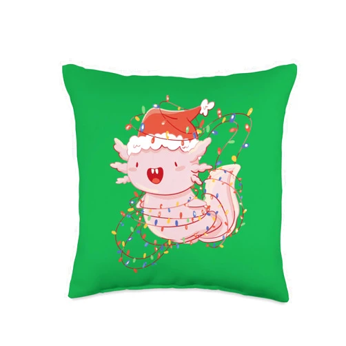 Cute Animals Christmas Tree Apparel Axolotl Wearing A Santa Hat and Tangled in Christmas Lights Throw Pillow, 16x16, Multicolor