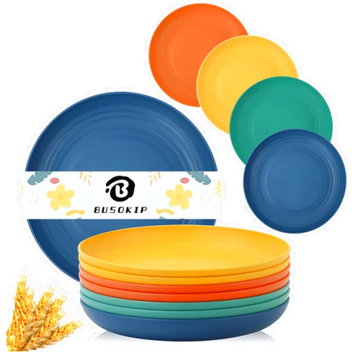 BUSOKIP Wheat Straw Plates 10 Inch Deep Dinner Plates Set of 8, Lightweight and Unbreakable Plastic Plates Reusable, Microwave & Dishwasher Safe Kids Plates (Multi Colors)