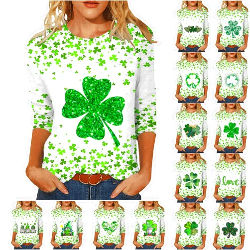 SMIDOW Plus Size Saint Patrick's Day Shirts for Women 2025 3/4 Sleeve Lucky Shamrock Clover Tops Casual Loose Irish Blouses