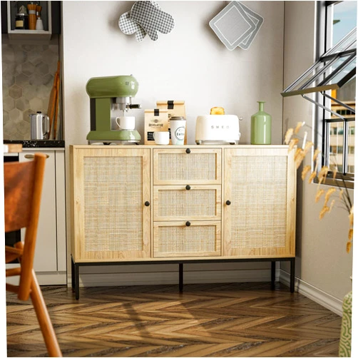 JOINATRE Rattan Storage Cabinet with Doors and Shelves for Kitchen 47.2In Boho Rattan Buffet Cabinet with Storage Coffee Bar Cabinet for Hallway Entry Dining Room Living Room