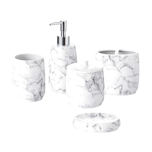 Motifeur Bathroom Accessories Set, 5-Piece Ceramic Bath Accessory Complete Set with Lotion Dispenser/Soap Pump, Cotton Jar, Soap Dish, Tumbler and Toothbrush Holder (Marble Look)