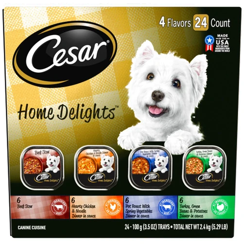 Cesar Wet Dog Food CESAR HOME DELIGHTS Wet Dog Food Pot Roast & Vegetable, Beef Stew, Turkey Potato & Green Bean, and Hearth Chicken & Noodle Variety Pack, (24) 3.5 oz. Easy Peel Trays