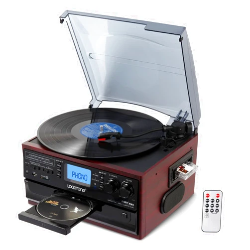LoopTone 10 in 1 Bluetooth in/Out Record Player 3 Speed Vinyl Vintage Turntable CD Player Cassette AM/FM Radio 2 Built in Speaker USB/SD Recorder Aux-in RCA Line-Out