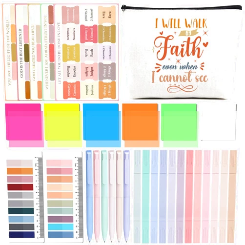 INCOK Aesthetic Bible Journaling Kit - I Will Walk by Faith Case Bag Pencil Case Pouch Pastel Bible Tabs Highlighters Assorted Colors Pastel Highlighter Set Useful Study Office Supplies Teachers