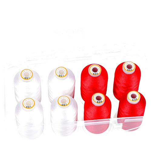 New brothread Polyester Embroidery Machine Thread 1000m Each with Clear Plastic Storage Box for Embroidery & Quilting - 4xWhite+4xRed