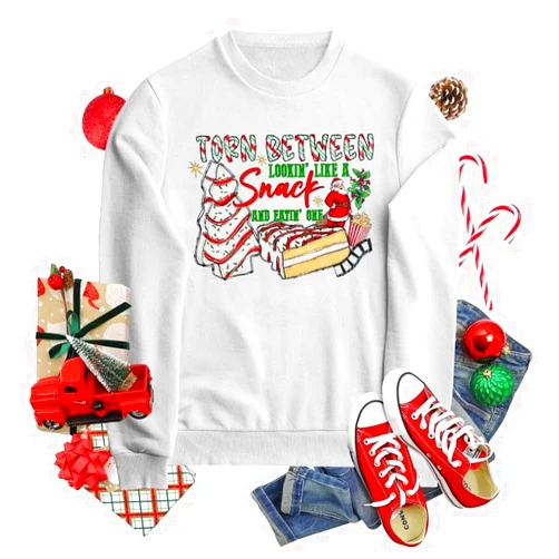 LUCKYMOM Personalized Christmas Name T-shirt, Christmas Tree Cake Torn Between Lookin' Like a Snack and Eatin' One Sweatshirt,Christmas Cake Shirt,Christmas Tree Shirt,Debbie Cakes Shirt White