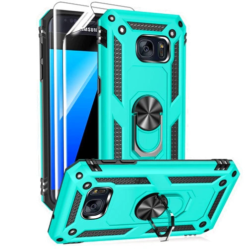 Androgate for Samsung Galaxy S7 Case with HD Screen Protectors, Military-Grade Metal Ring Holder Kickstand 15ft Drop Tested Shockproof Cover Case for Samsung Galaxy S7 Green