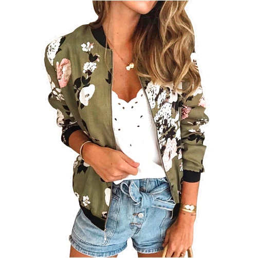 ECOWISH Women's Casual Floral Zip Up Bomber Jacket Coat Crew Neck Lightweight Short Camo Outwear Tops Windbreaker with Pocket