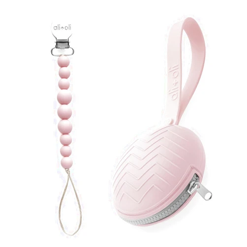 Ali+Oli (Pink) Bundle Duo, Modern Pacifier Case & Pacifier Clip, BPA Free Food-Grade Silicone, Gift Set for Baby