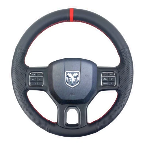 IPobootech Black Side Perforated Leather Red Marker Steering Wheel Protector Cover Hand-Stitch on Wrap Fit for Dodge Ram Heavy Duty 1500/2500/3500/4500/5500 2013-2019 (Red Mark Strip)