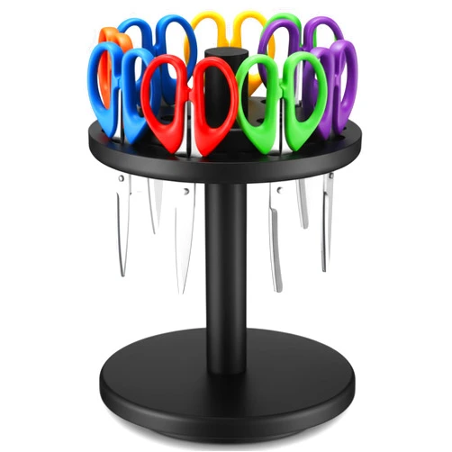 Kathfly 1 Pcs Wooden Scissor Holder Rotating Scissors Storage 24 Holes Natural Wood Shear Organizer Stand Pen Holder Display Stand Desk Organizer for Classroom Office Barber Shop Home (Black)